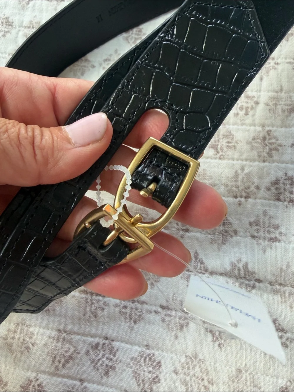J. McLaughlin Black Croc-Embossed Leather Belt with Gold Buckles